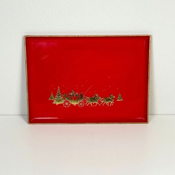 Vintage Otagiri Japan Red Lacquer Holiday Christmas ServingTray 80s - Picture 1 of 10